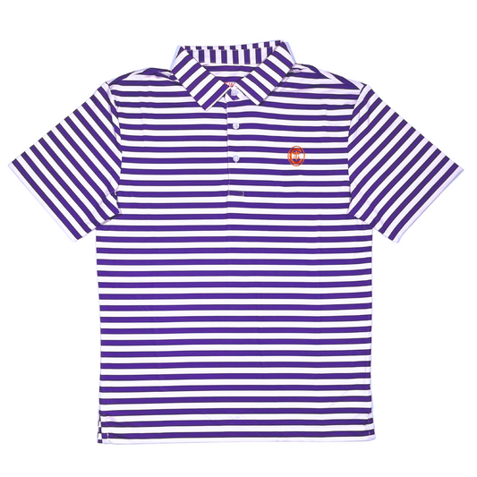 Clemson Ring Crest Polo in White with Purple Stripes