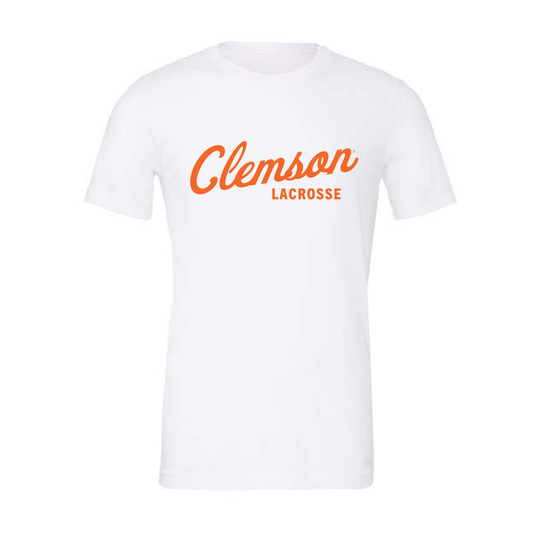 Clemson Script Lacrosse White Short Sleeve- (Pre-Order)